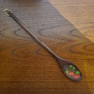 Handpainted wooden spoon with cherries signed by Eve Jones 14 in long